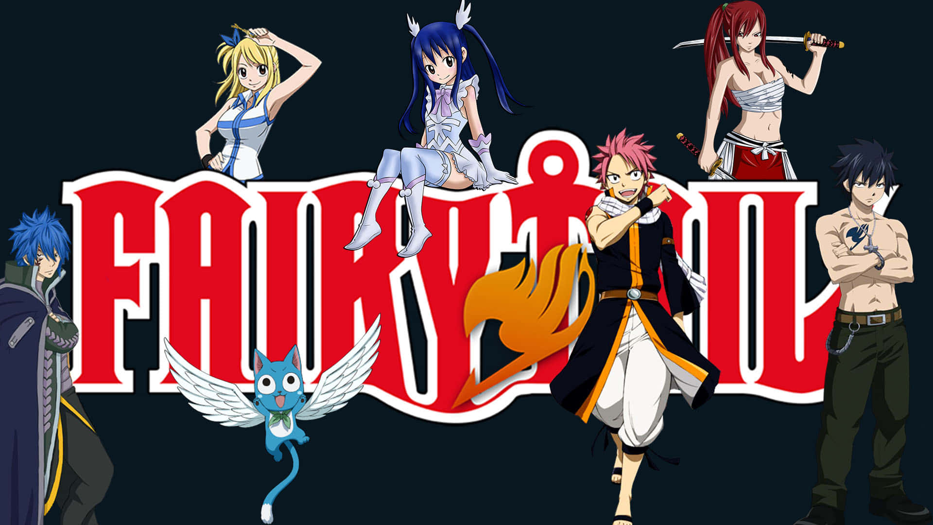 《妖精的尾巴》主要角色群像 壁紙 — 六個動漫角色和一隻藍色有翼貓咪在深色背景前圍繞著大膽的紅色Fairy Tail標誌擺姿勢。