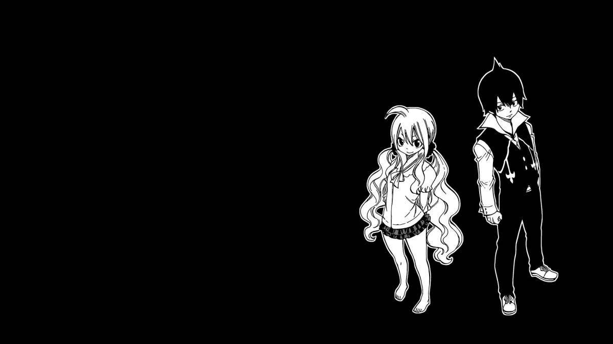 兩個動漫風格角色在黑色背景上以白色輪廓勾勒。