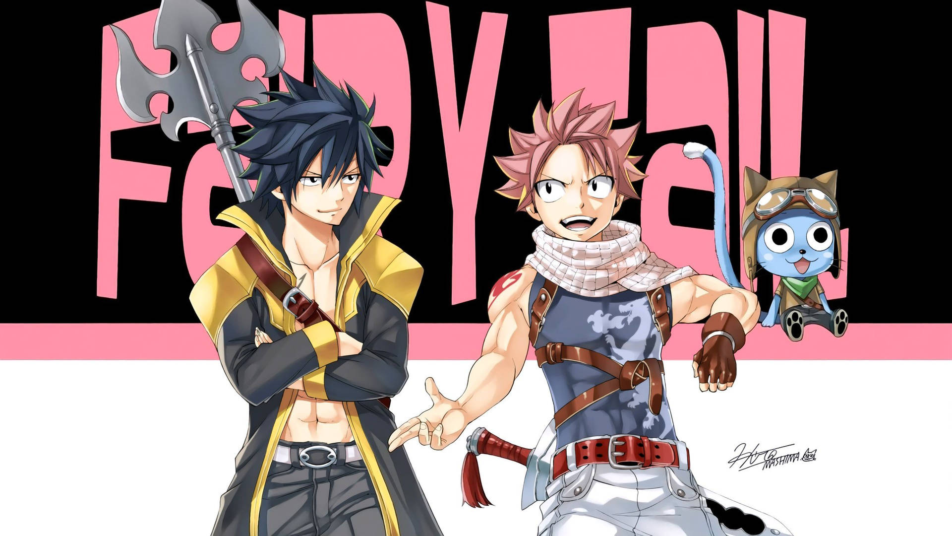 兩個動漫戰士和一個藍色貓咪吉祥物在'FAIRY TAIL'標誌下擺姿勢。