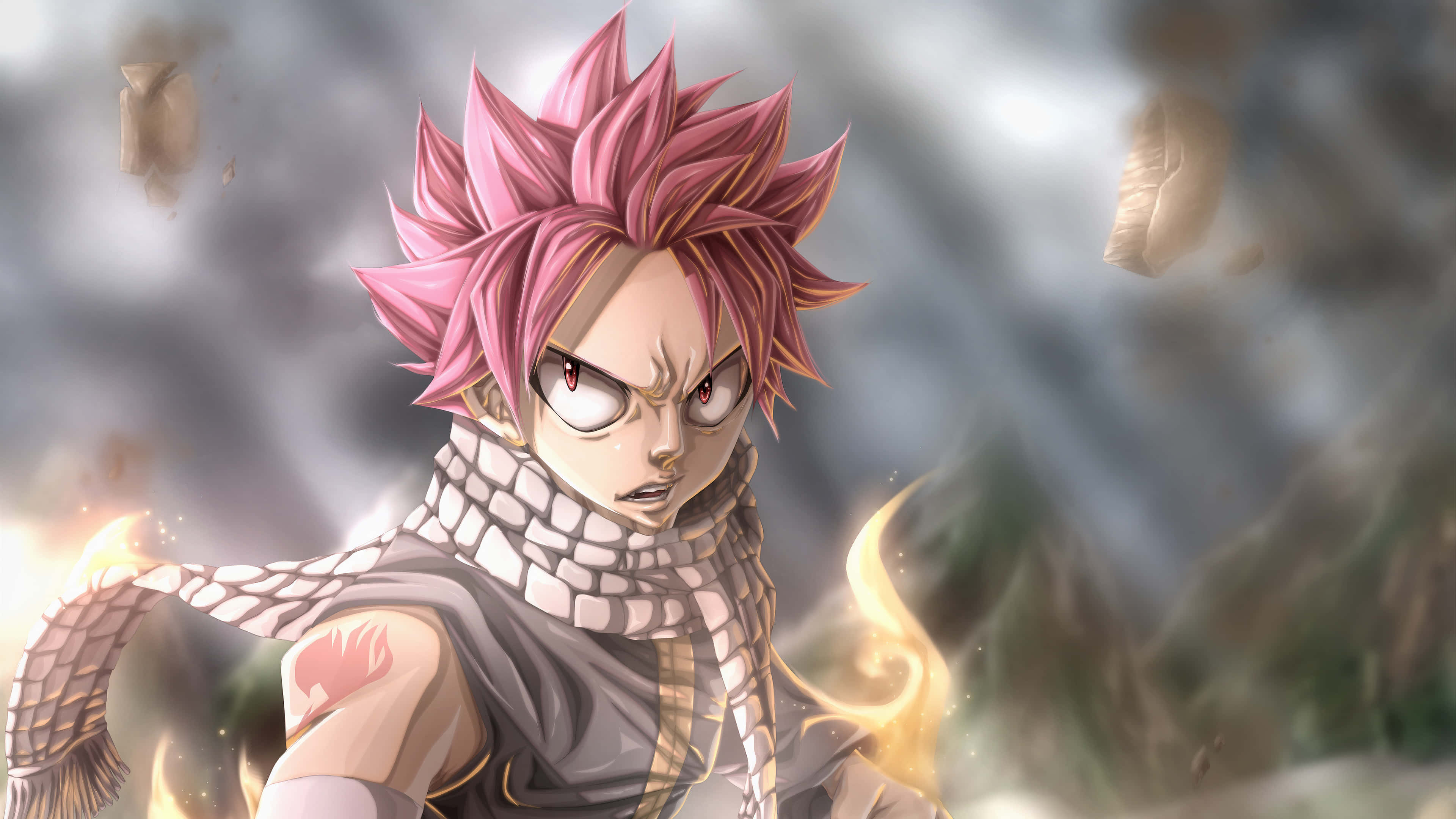 《妖精的尾巴》的魔法冒險 壁紙 — 一位堅定的動漫戰士，擁有尖刺的粉紅色頭髮和火熱的光環，站在旋轉的煙霧和漂浮的碎片中。