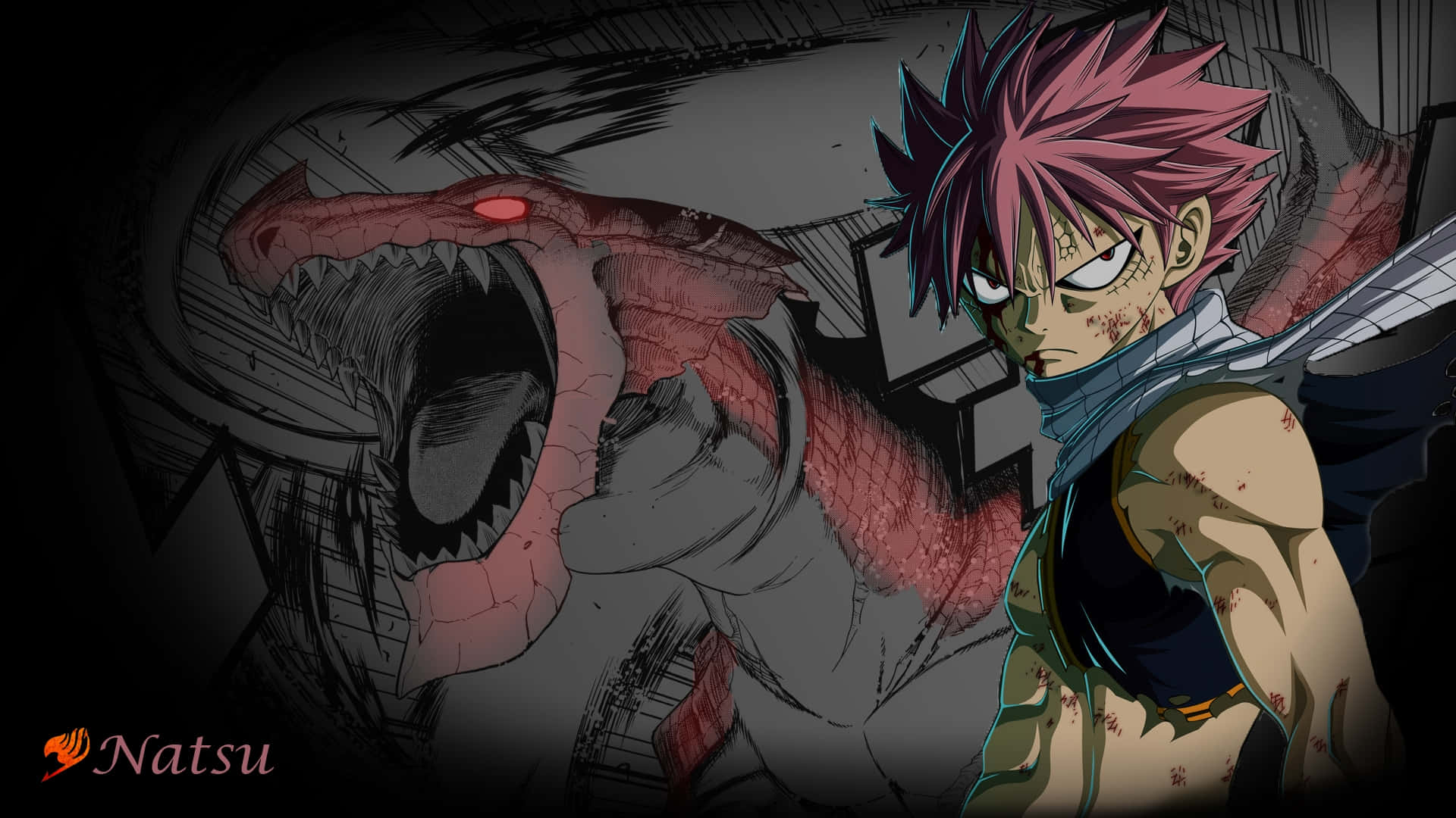 《妖精的尾巴》納茲·多拉格尼爾與其龍 Igneel 壁紙 — 一位粉紅色頭髮的兇猛動漫戰士，在黑暗的草稿風格戰鬥場景中，挑釁地站在一隻眼睛發光的巨大紅色龍旁邊。
