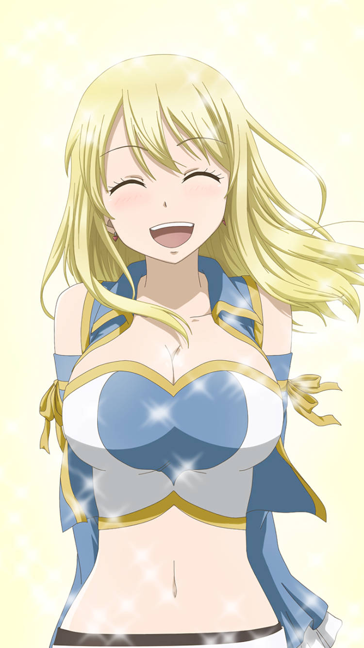 金髮動漫女孩穿著藍金色服裝，帶著閃光笑著。