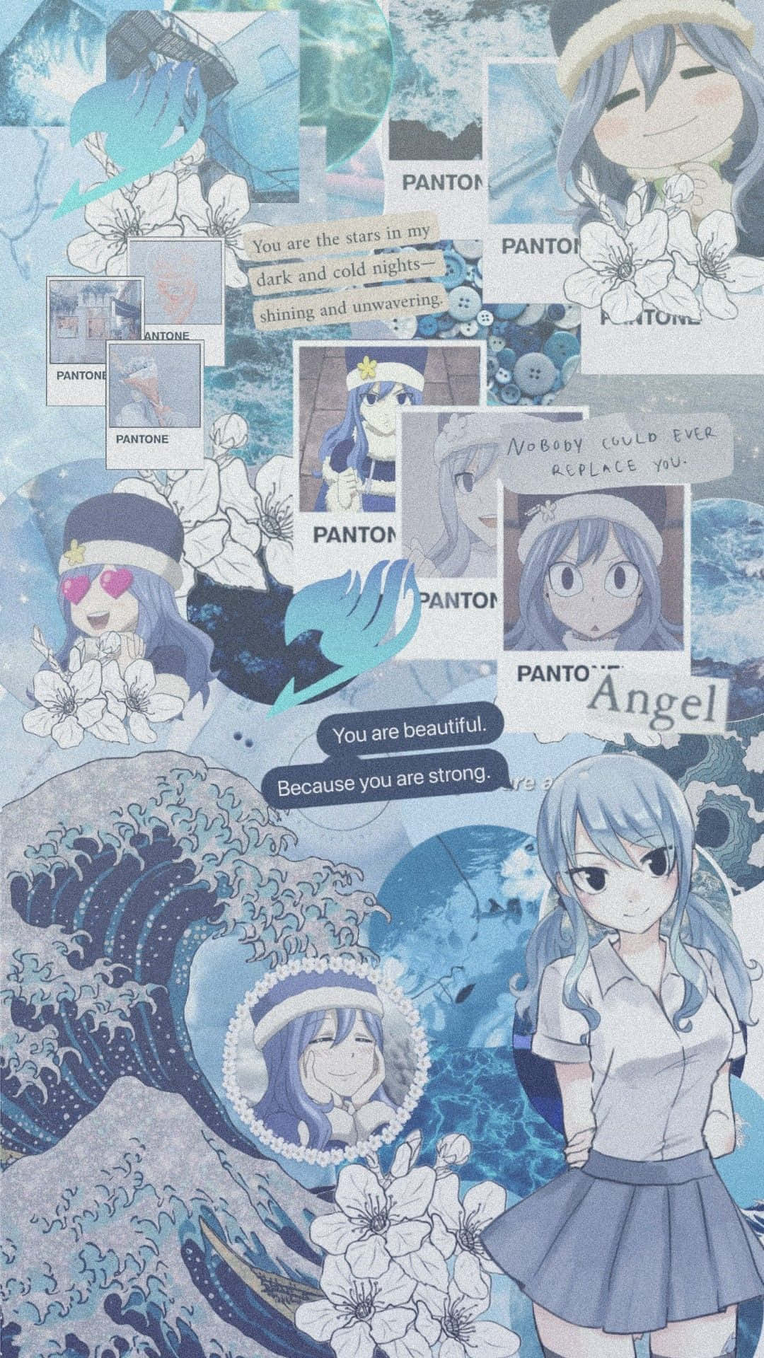 帶有藍色波浪和櫻花及文字疊加的動漫少女拼貼。