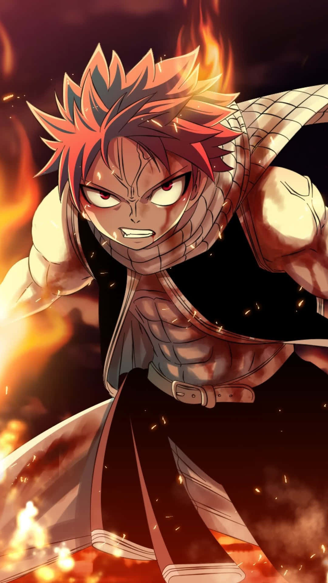 紅髮動漫角色，周圍火焰環繞，擺出戰鬥姿勢。