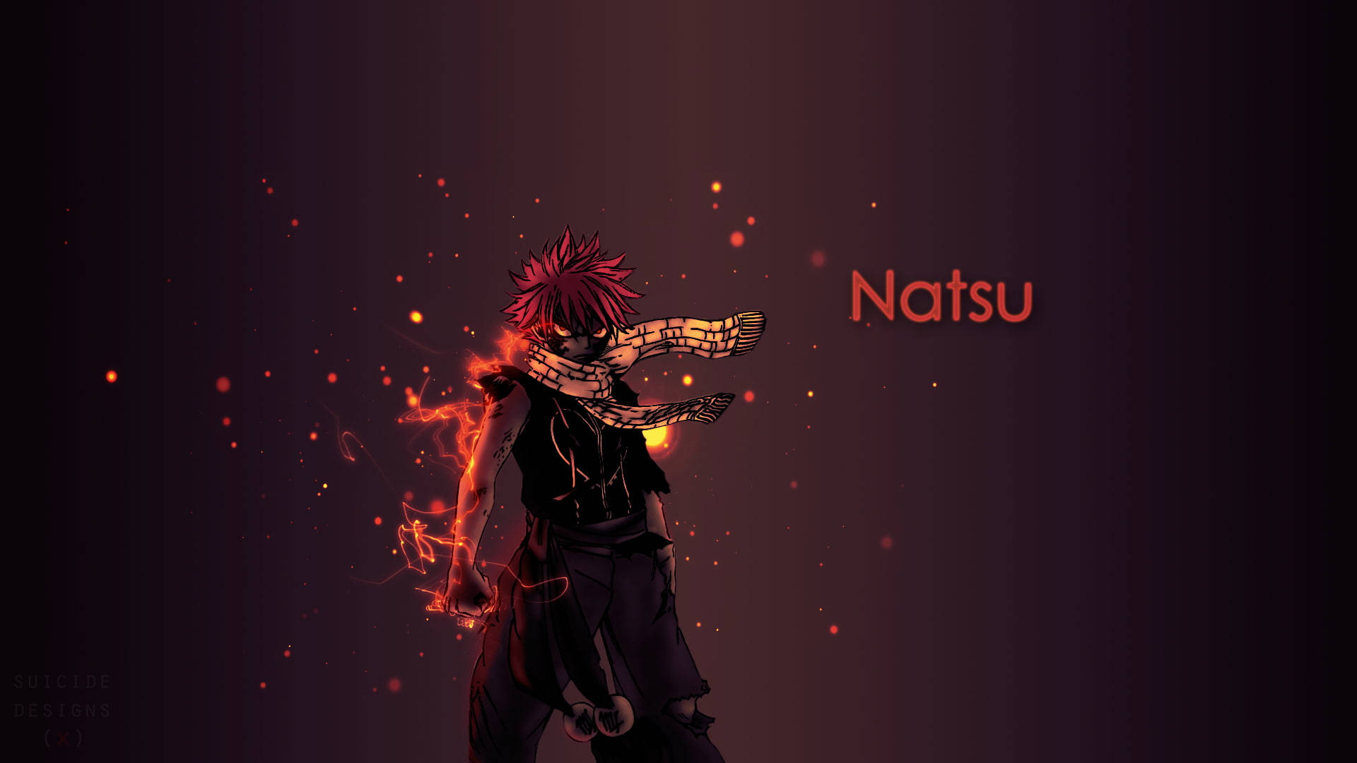 動漫角色納茲（Natsu）紅髮和圍巾，在深紫色背景上被火焰火花包圍。