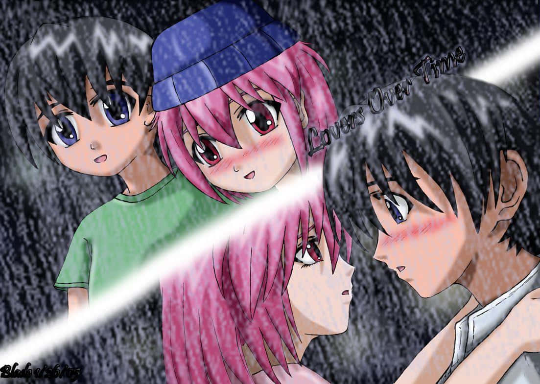 三個動漫角色在雨中，一道明亮的光束劃破暴風雨。