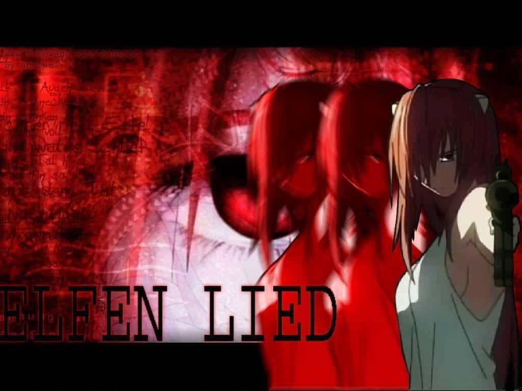 動漫女孩持槍，背景為紅色抽象背景，帶有 'ELFEN LIED' 文字。