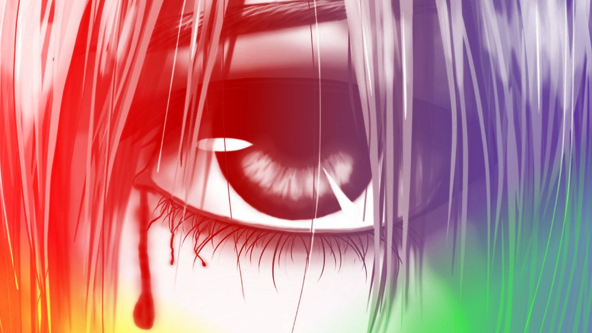 妖精的旋律 雨虹眼 壁紙 — 一個動漫眼睛的特寫，一滴眼淚落下，被鮮豔的彩虹色髮絲框住。
