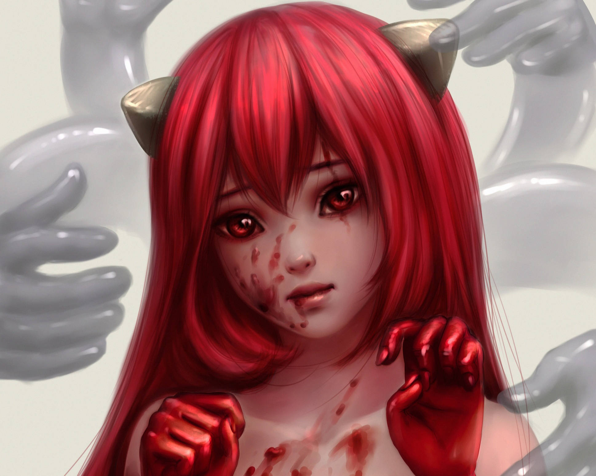 妖精的旋律露西血染畫作 壁紙 — 一位紅髮動漫女孩，頭上有惡魔角，臉上沾滿血跡，挑釁地站著，幽靈般的手向她伸來。