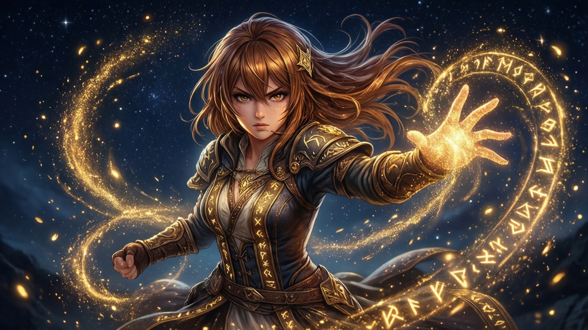 妖精閃耀解放 壁紙 — 一位身穿華麗盔甲、意志堅定的女法師，在繁星點點的夜空下引導發光的金色符文和旋轉的魔法。