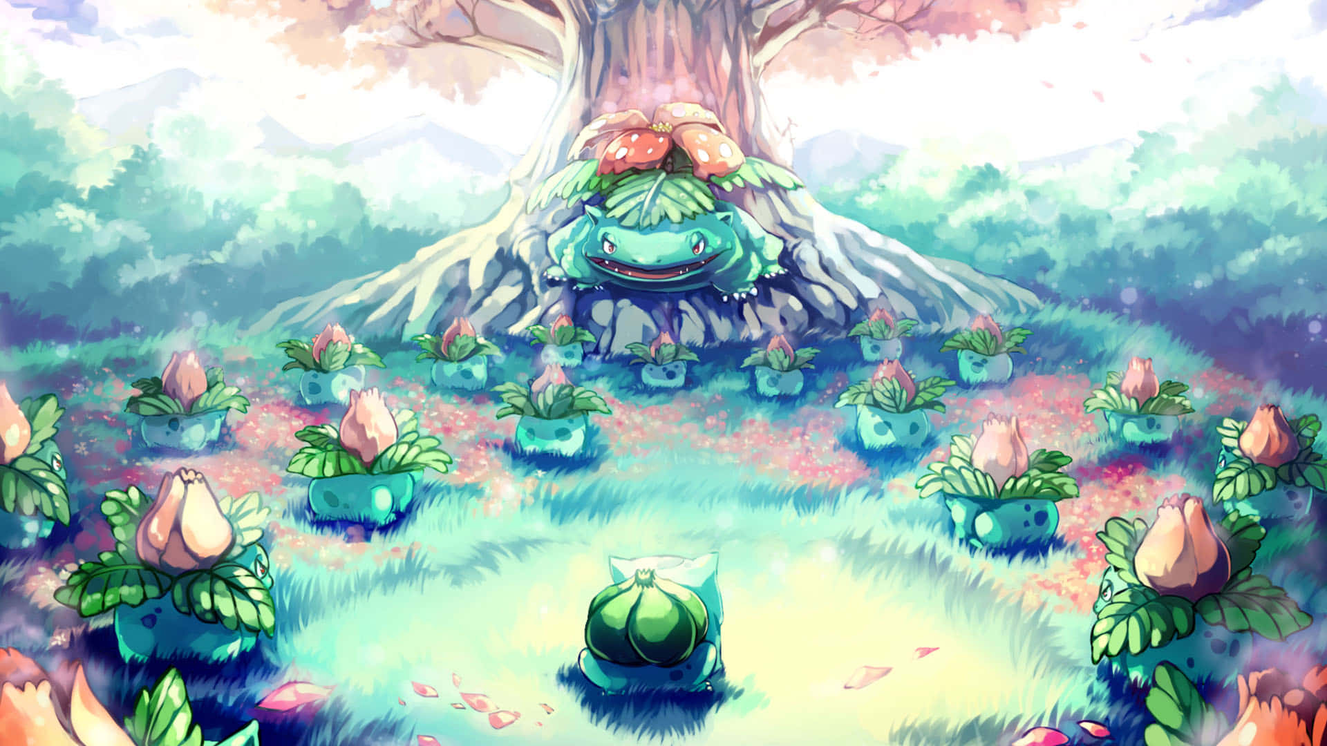 妙蛙種子與伊布薩爾 壁紙 — 一羣快樂的 Bulbasaur 家庭聚集在一棵巨樹下，身處充滿活力、柔和色調的森林空地。