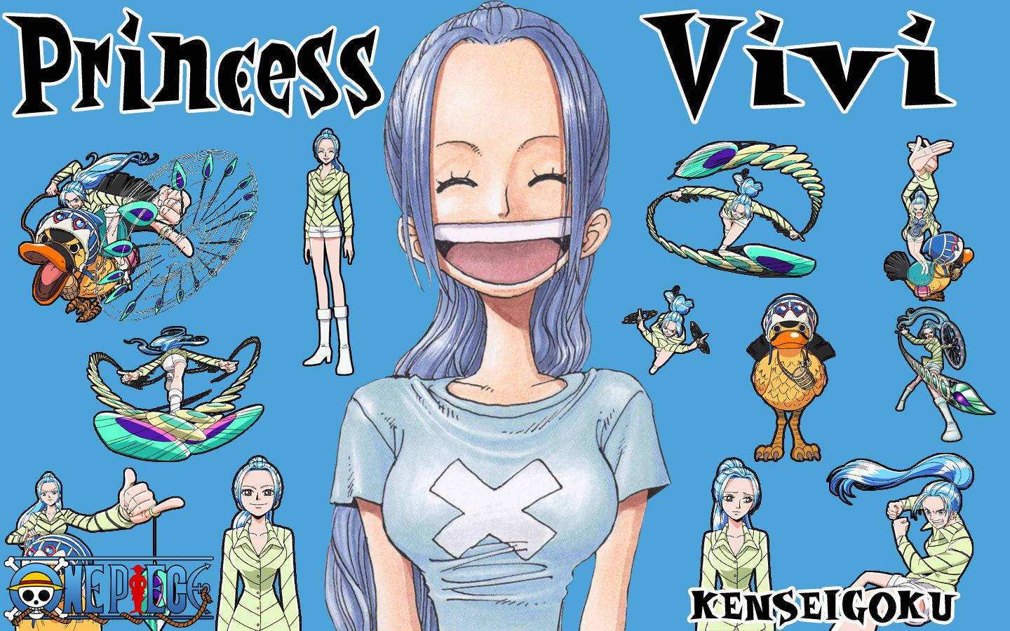 動畫公主Vivi，紫色頭髮，微笑，被她的姿勢和一隻鴨子吉祥物包圍。