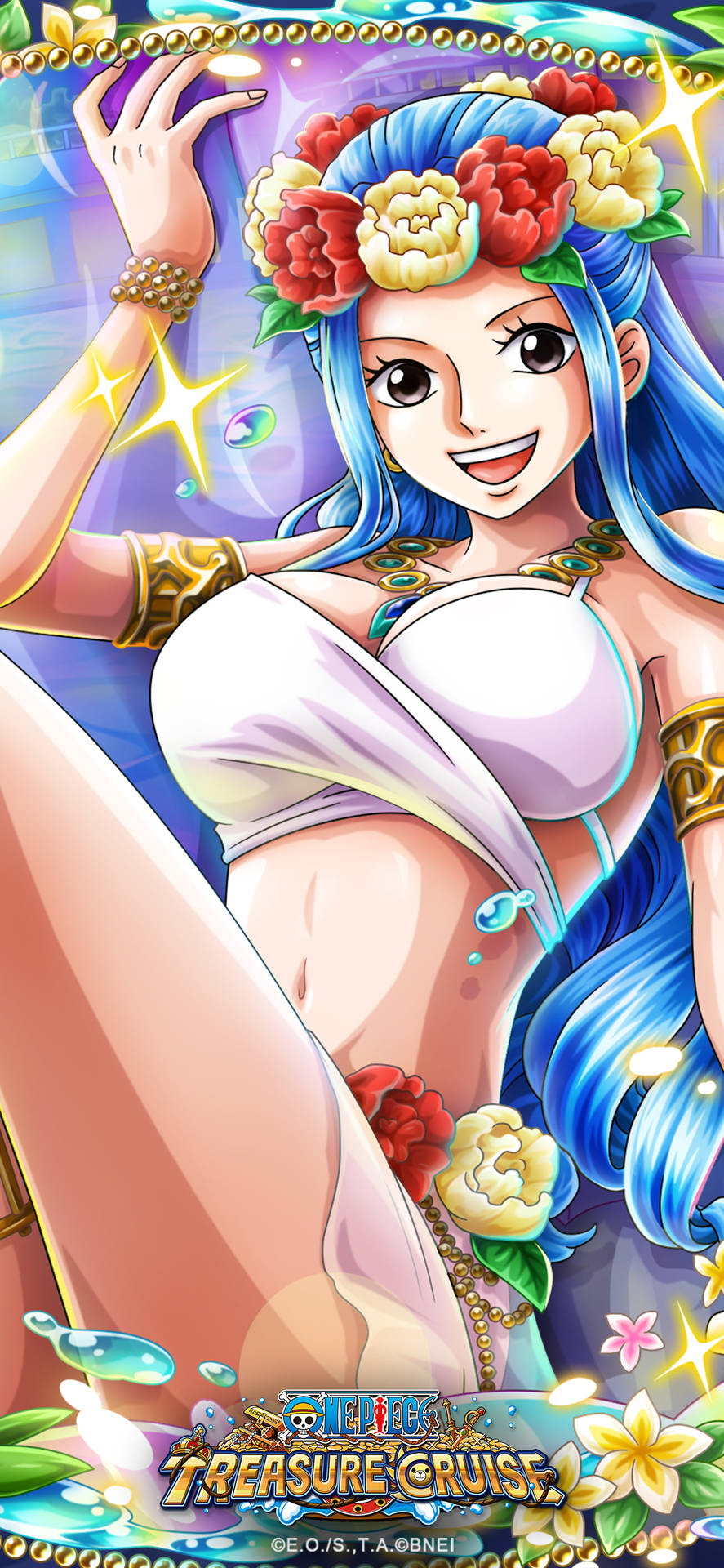 藍髮花冠動畫女孩，身穿比基尼微笑，帶閃爍效果。