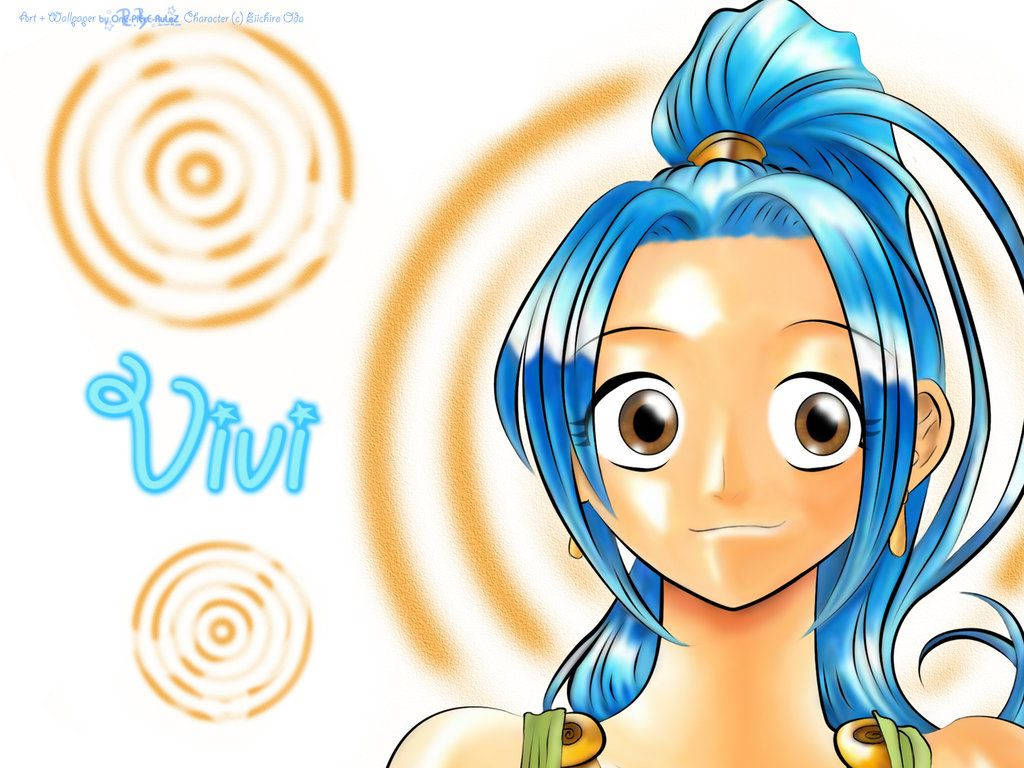 動畫角色 Vivi，藍色頭髮，金色螺旋背景。
