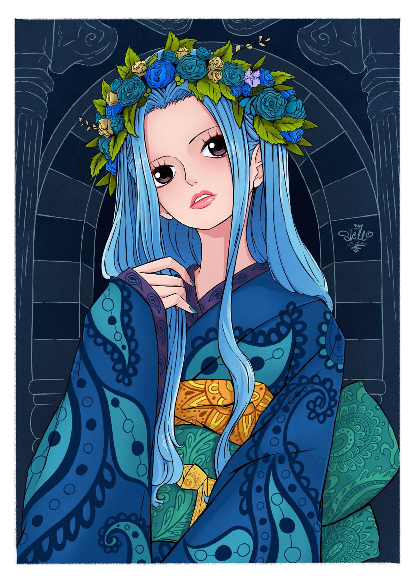 藍髮動漫女孩戴花冠，穿華麗長袍，背景為黑暗拱門。
