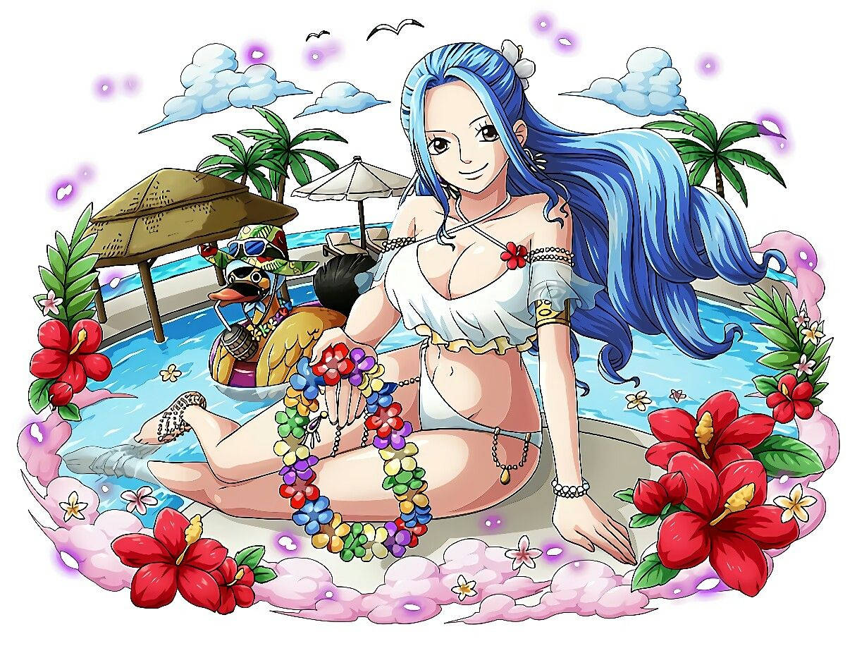 藍髮動漫女孩在熱帶泳池旁放鬆，手持彩色花環。