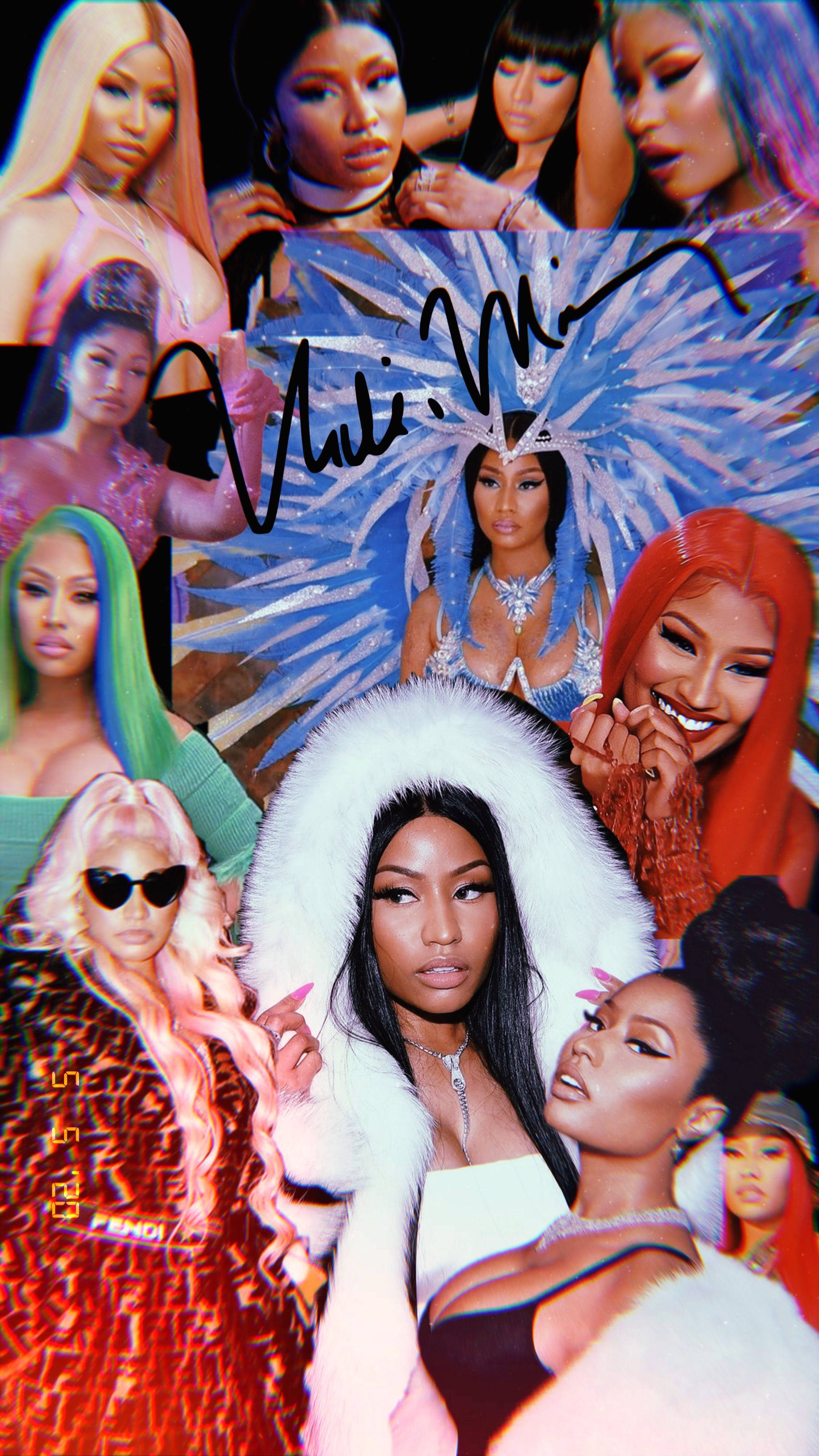 妮琪·米娜簽名畫 壁紙 — 一張充滿活力的Nicki Minaj拼貼畫，展現多種華麗姿勢，色彩大膽，附有親筆簽名。