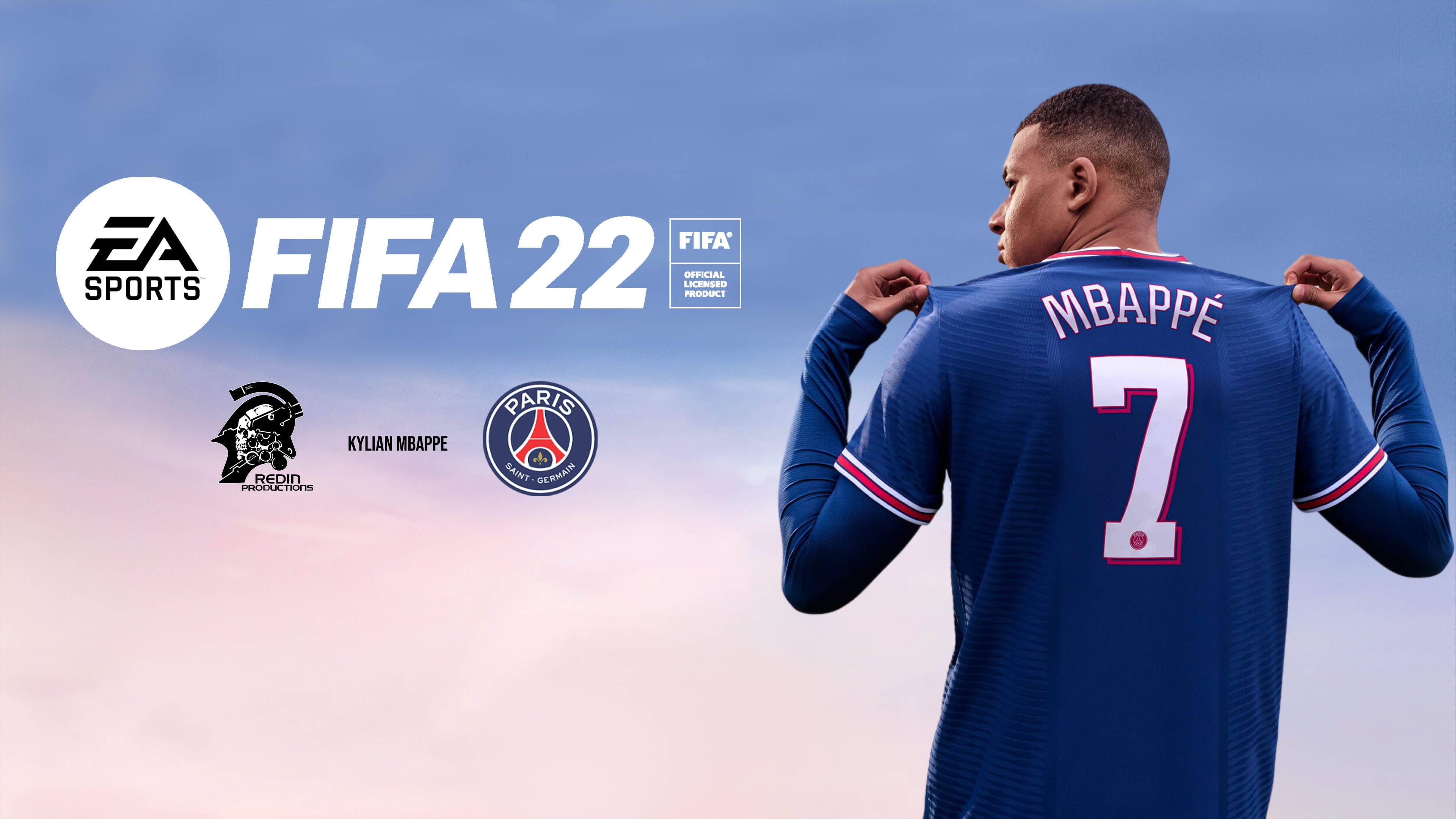 姆巴佩 FIFA 22 壁紙 — 一名身穿藍色巴黎聖日耳曼球衣、號碼7的足球員站在柔和的粉紅色和藍色天空前，展示FIFA 22遊戲標誌。