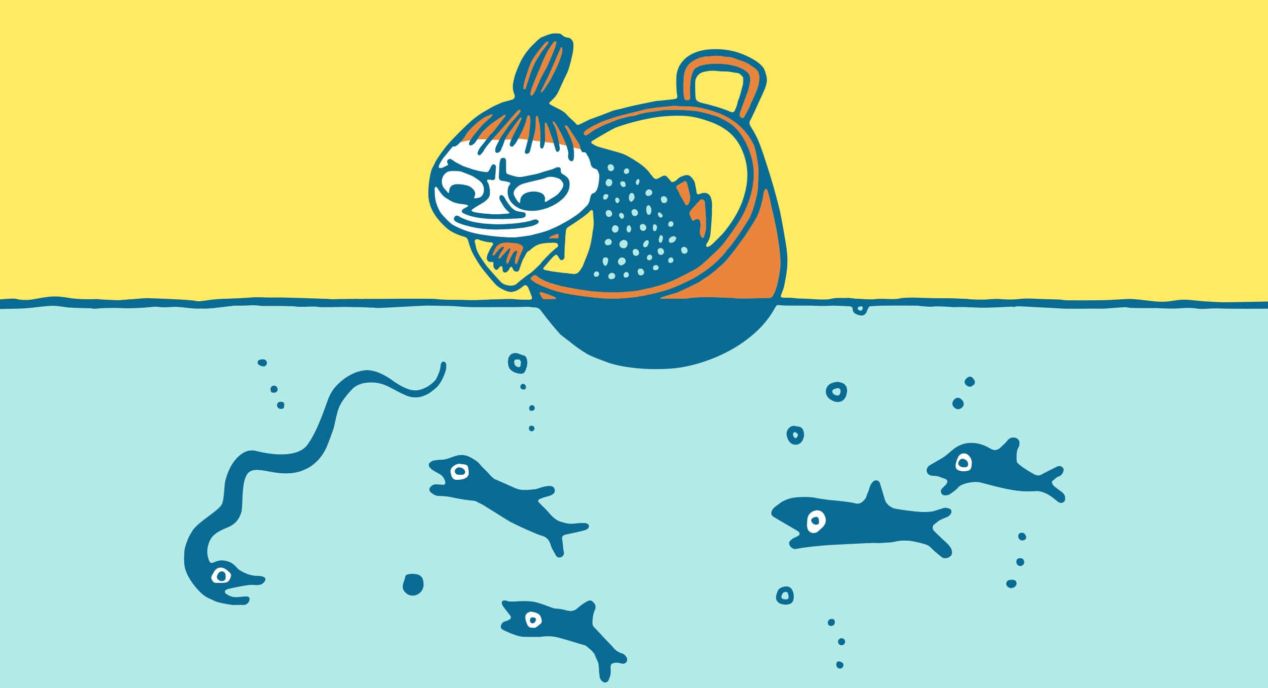 姆明女性釣魚桌面背景 壁紙 — 一個卡通角色喺小船上面露痛苦，魚同一條鰻魚喺水線下游緊。