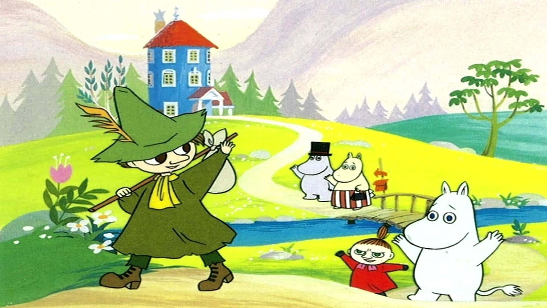 姆明桌面道別場景 壁紙 — 開心的姆明家族和朋友在充滿活力的綠色山谷中散步，山谷中有松樹環繞的藍色房子。