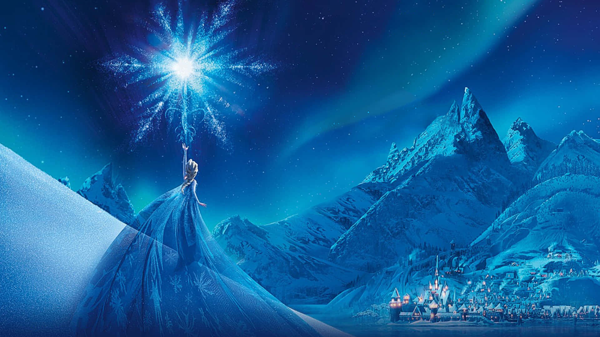 公主在夜晚於白雪覆蓋的山村上方召喚出一顆發光的星星。