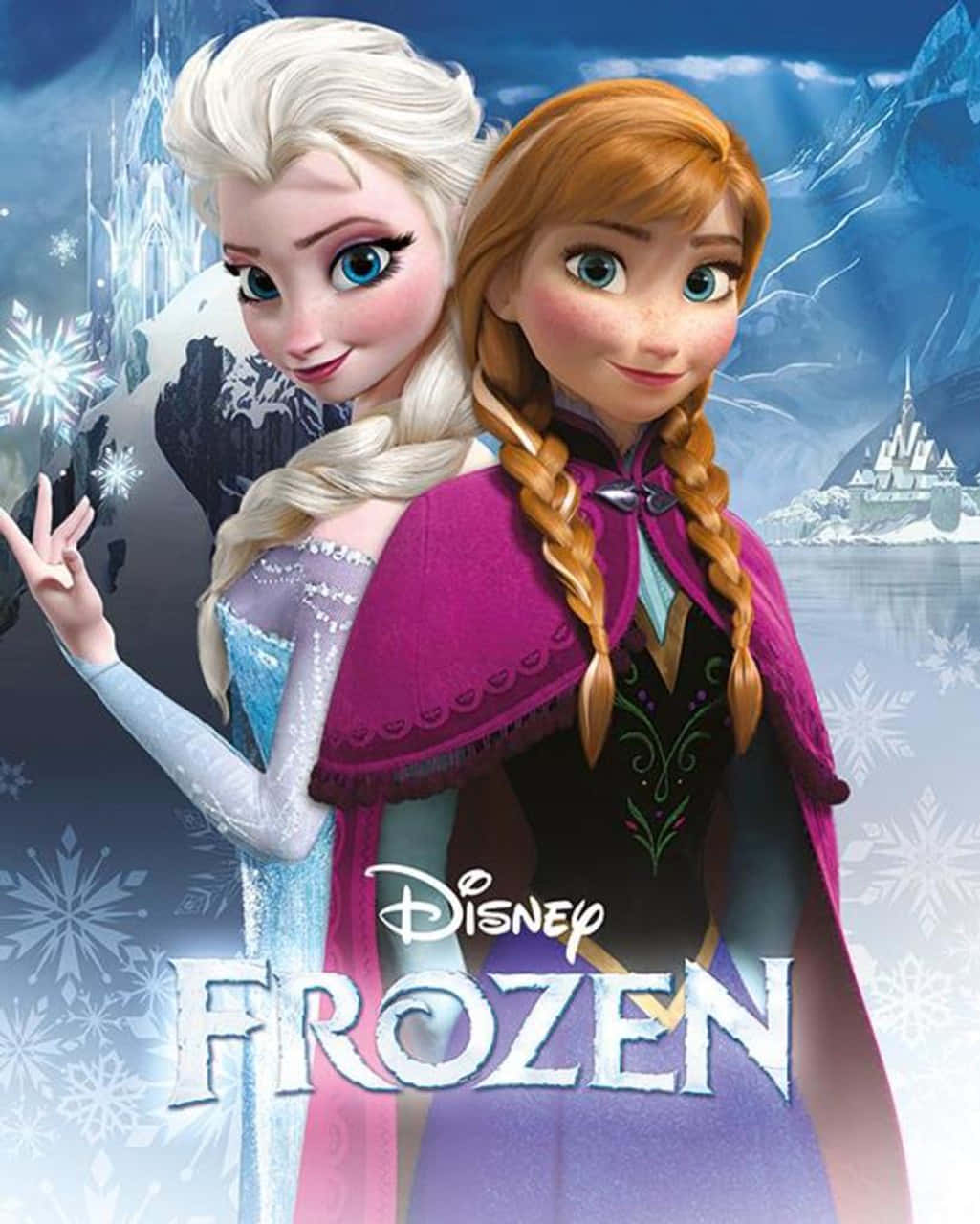 《魔雪奇緣》的愛莎和安娜一起站在一個雪地王國中，周圍有冰城堡。