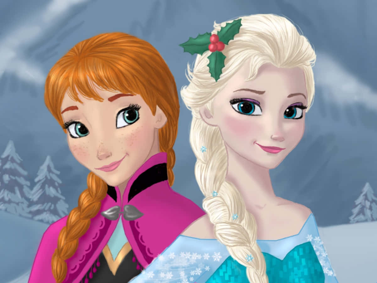 《魔雪奇緣》的安娜和愛莎在白雪皚皚的冬日場景中並肩而立，愛莎的頭髮上插著冬青。