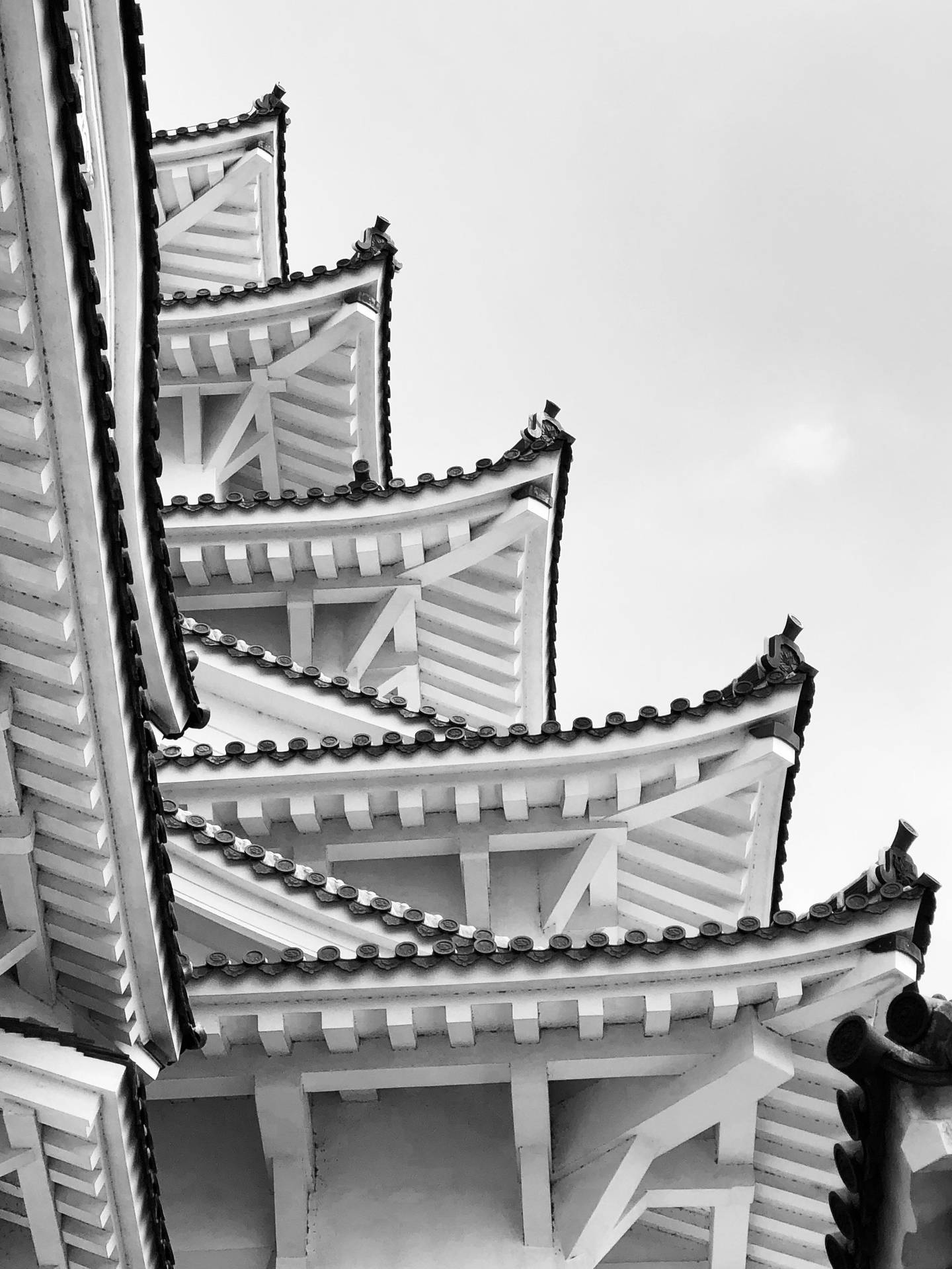 分層日本寺廟屋頂簷口的黑白建築細節。