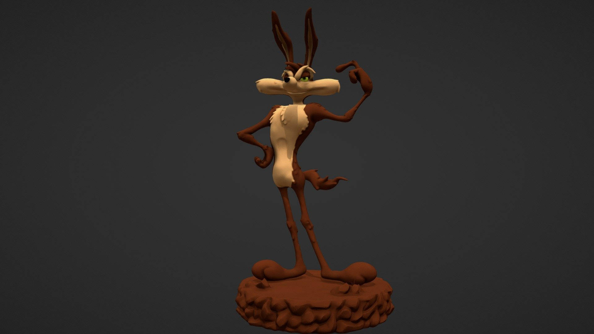 Wile E. Coyote在岩石底座上擺姿勢的3D雕像。