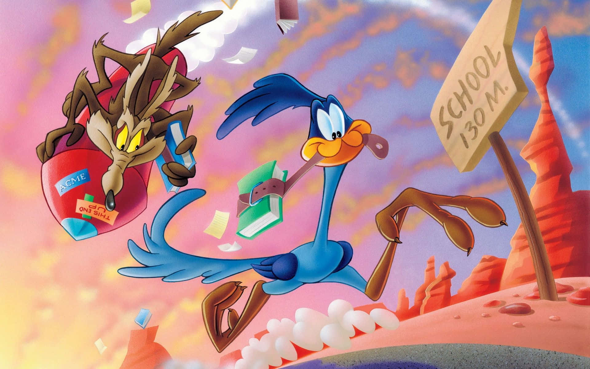 Wile E. Coyote 喺沙漠追趕 Road Runner，有飛書同學校標誌。