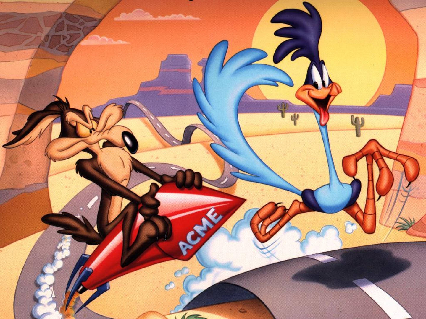 Wile E Coyote 喺沙漠追逐場景中追趕 Road Runner，日落時分。