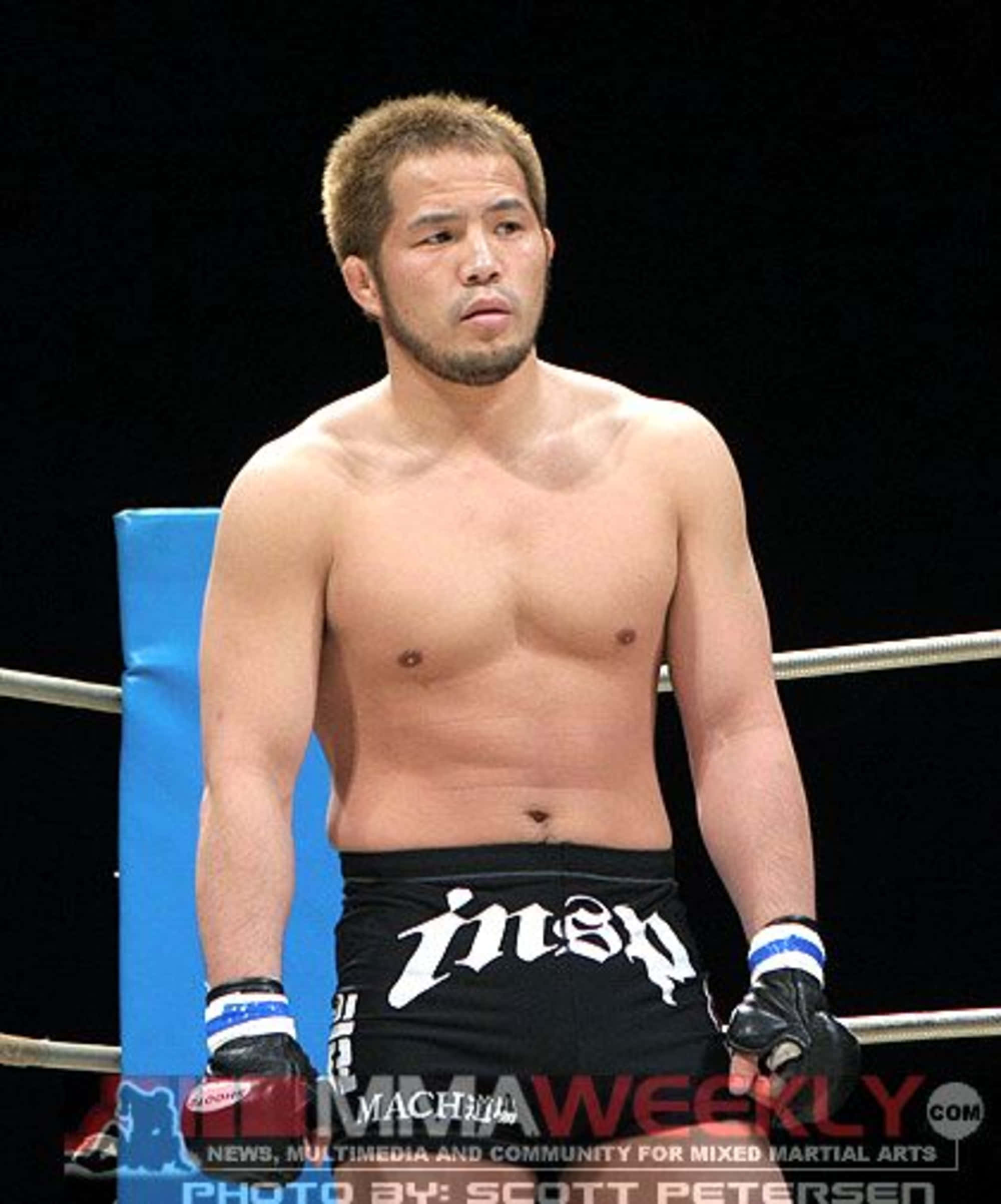 威嚇日本MMA選手Hayato Sakurai 壁紙 — 一位專注的混合武術家赤裸上身站在擂台上，穿著黑色短褲和手套，在明亮的場館燈光下。