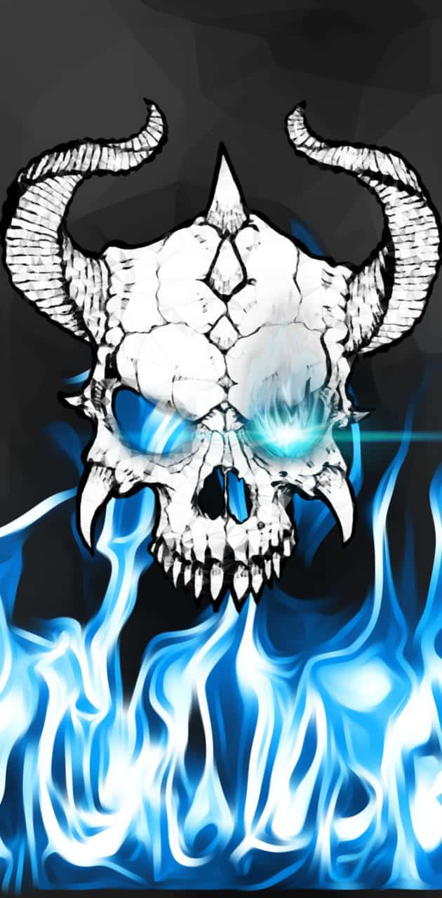 被藍色火焰包圍的發光藍色眼睛惡魔頭骨。