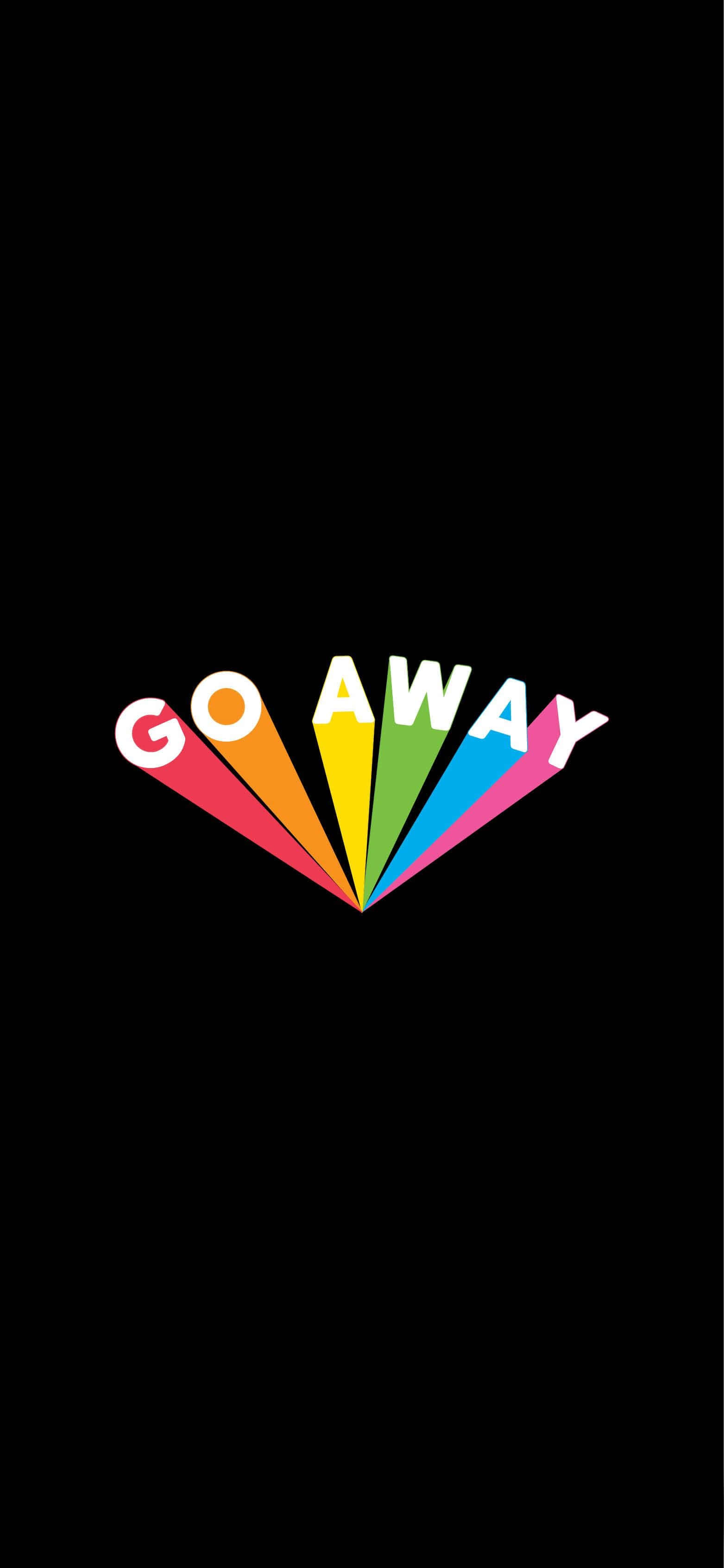 威嚇老虎展示「走開」訊息 壁紙 — 粗體白色文字「GO AWAY」以彩虹色扇形展開，襯托在純黑背景上。