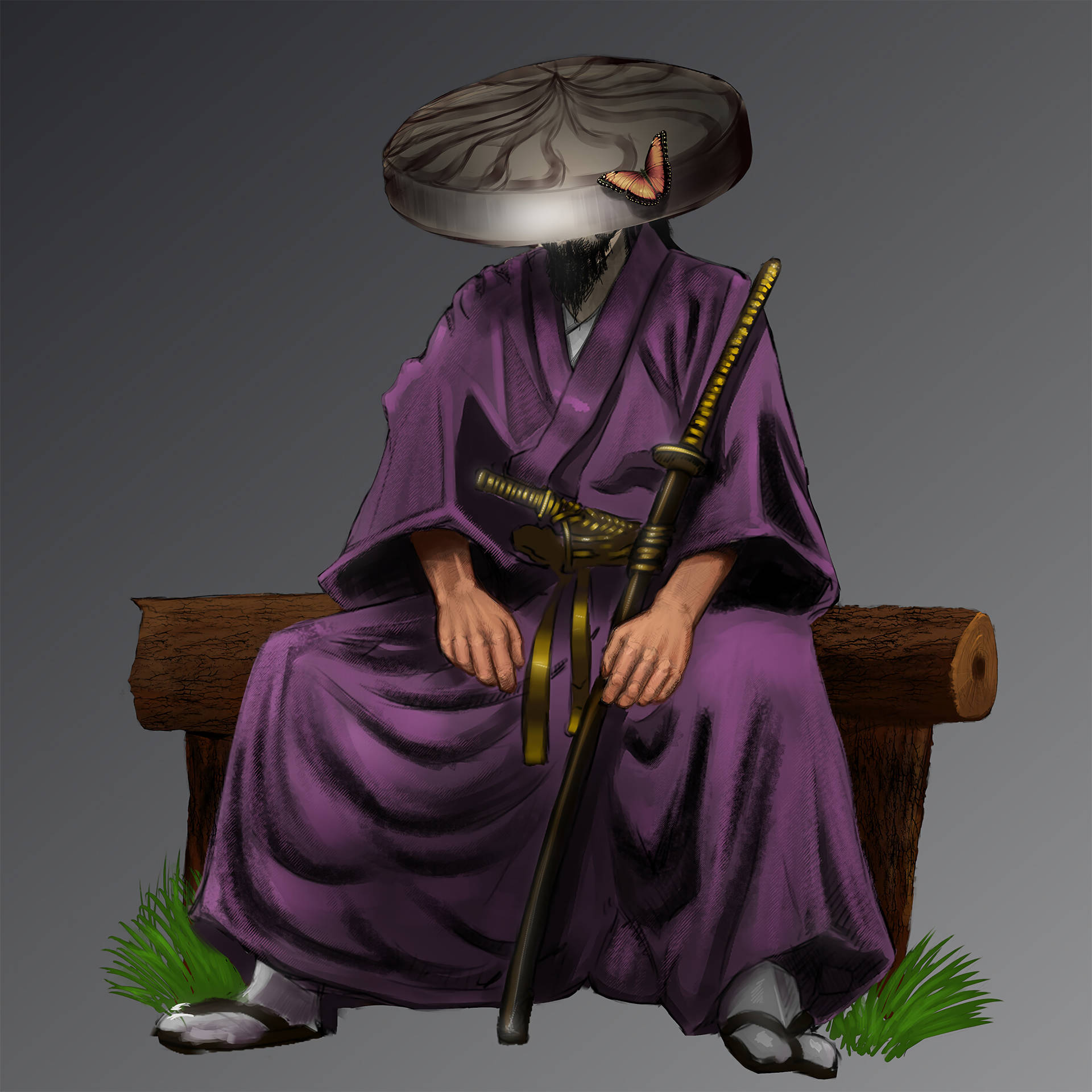 一個身穿紫色長袍的武士坐在長椅上，手持武士刀，帽子上有蝴蝶。
