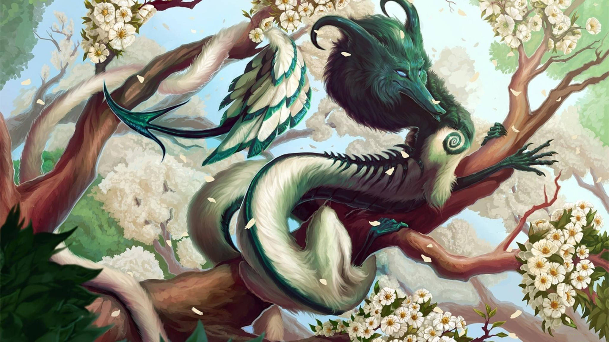 威嚴東方龍棲息古樹 壁紙 — 一隻有白色羽毛翅膀的綠色龍優雅地棲息在盛開的櫻花樹之間。