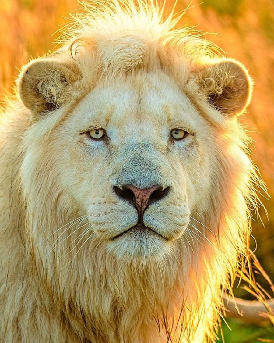 白獅在金色陽光下直視鏡頭的特寫。