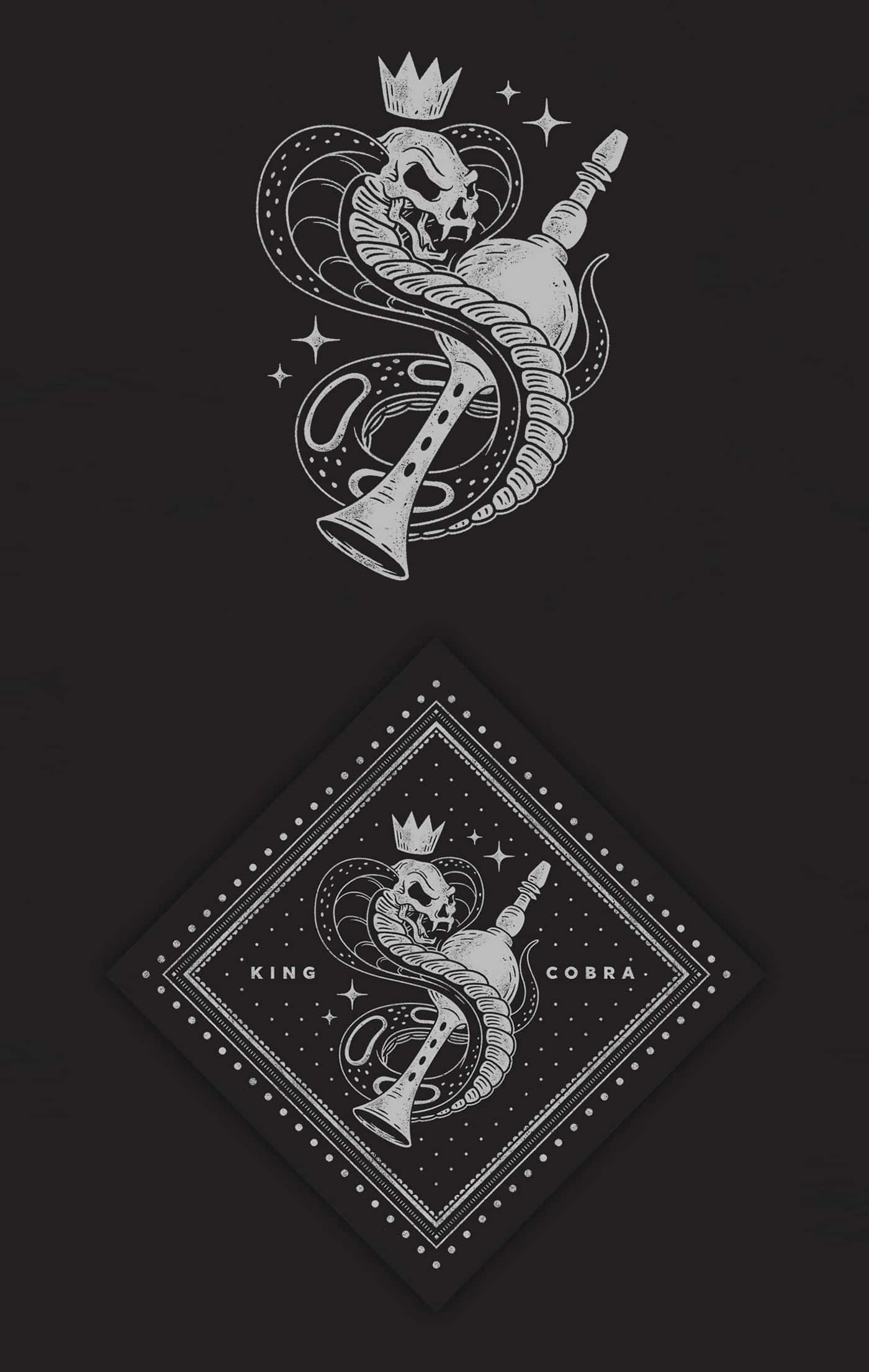 威嚴王蛇 壁紙 — 一個風格化的白色線條插圖，描繪一條戴冠的眼鏡蛇纏繞著水煙壺，背景為黑色。