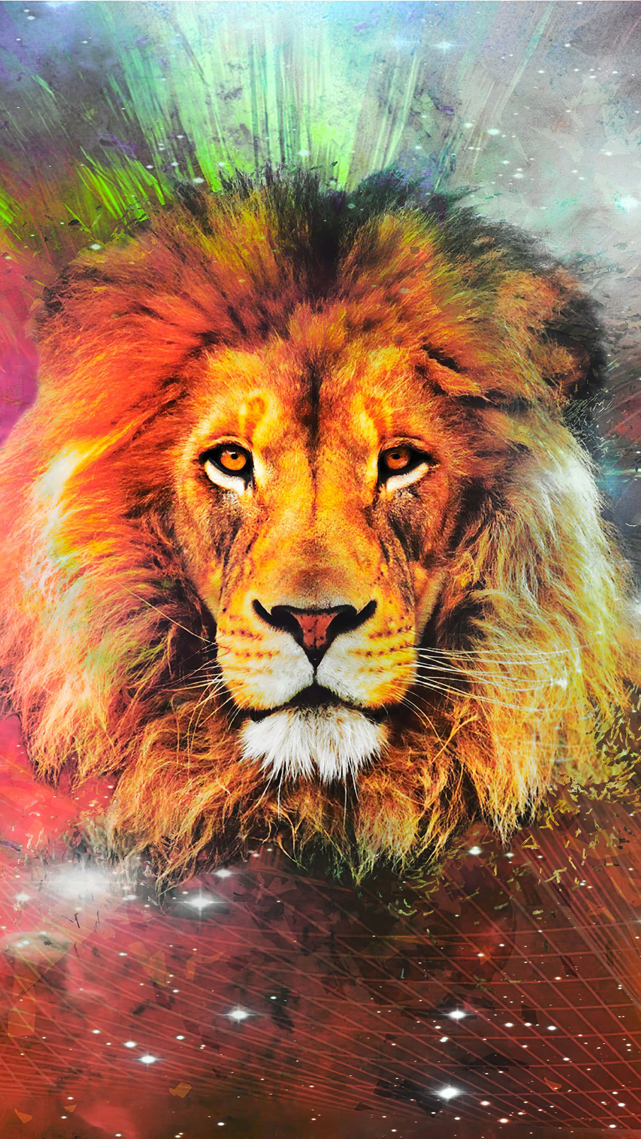 威嚴的猶大之獅 壁紙 — 一頭雄偉的獅子，有著火焰般的鬃毛，在閃爍星星和絢麗色彩的宇宙星雲背景下，凝視著。