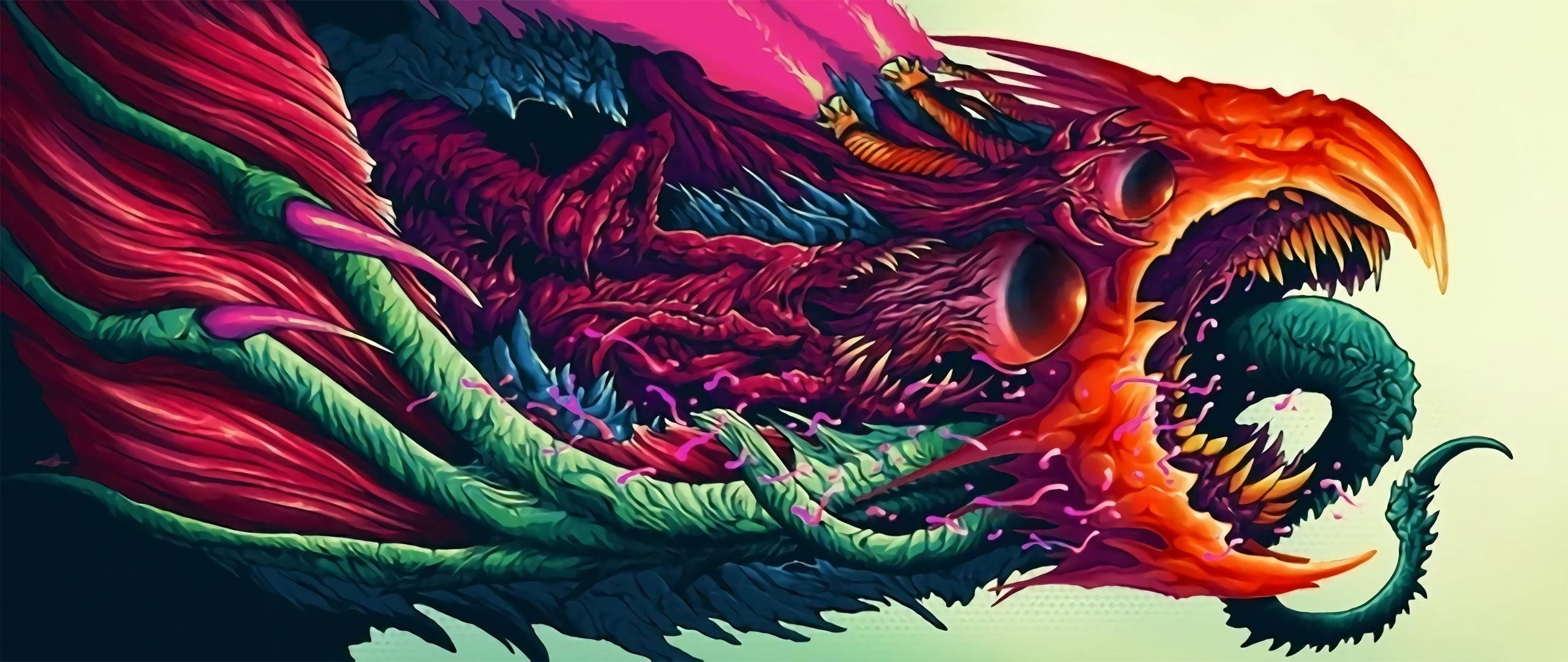 威嚴綠龍 壁紙 — 一隻擁有火橙色頭部和綠色身體的怪獸龍在淡色背景上咆哮。