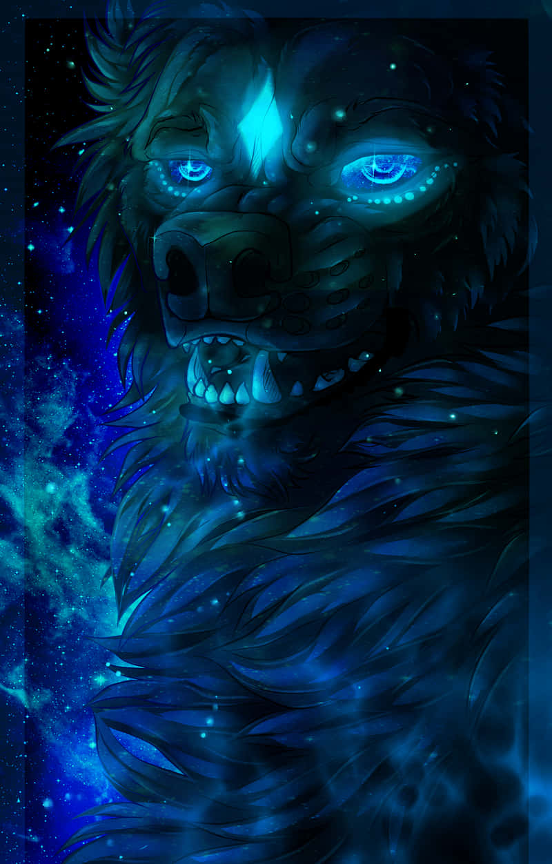 一隻兇猛的藍色發光狼，背景是星空宇宙。