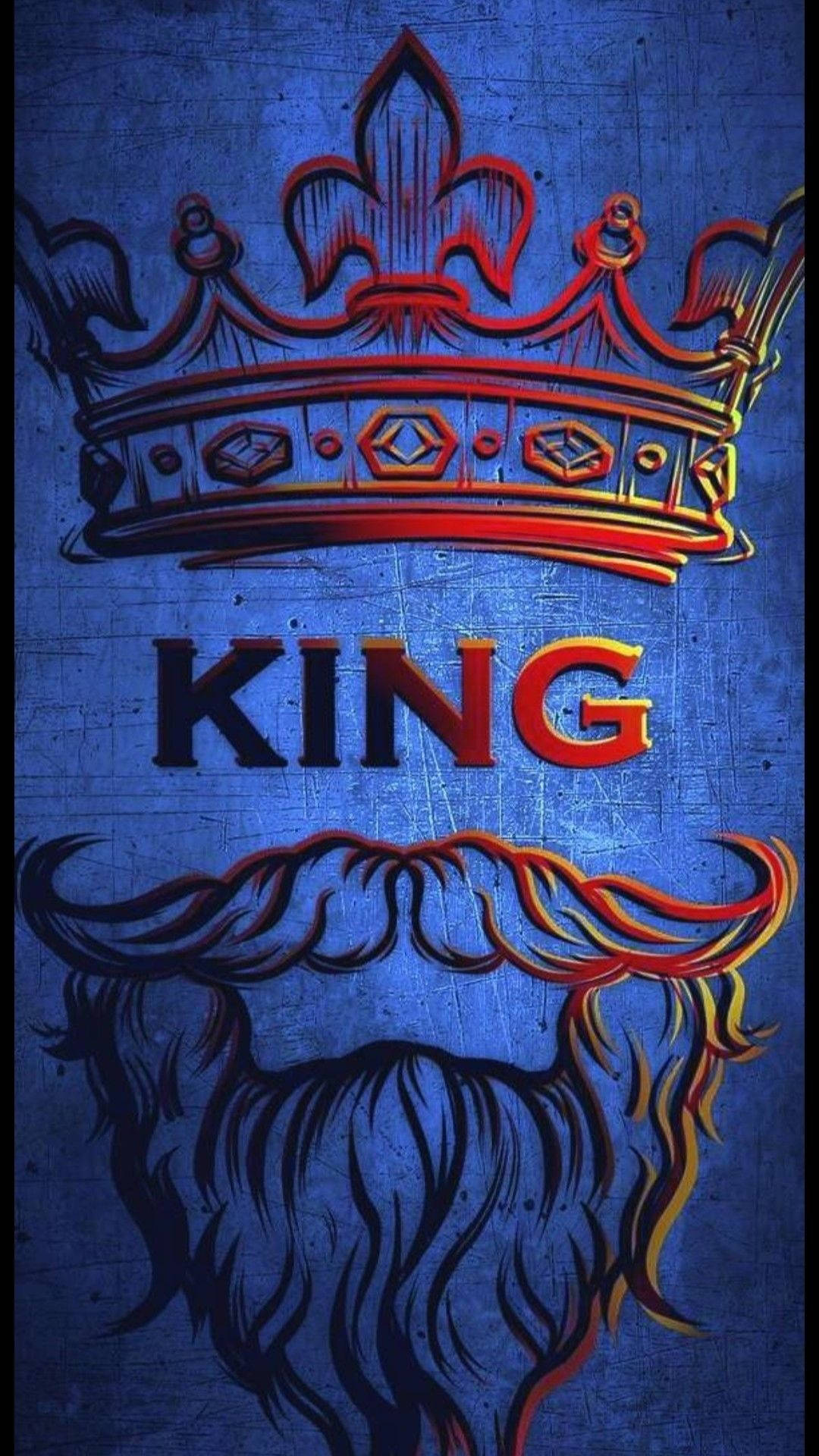 威嚴鬍鬚之王 壁紙 — 一個大膽的圖形，在紋理藍色背景上，KING 字樣上方有一個紅色和金色的皇冠，以及一個風格化的鬍鬚。