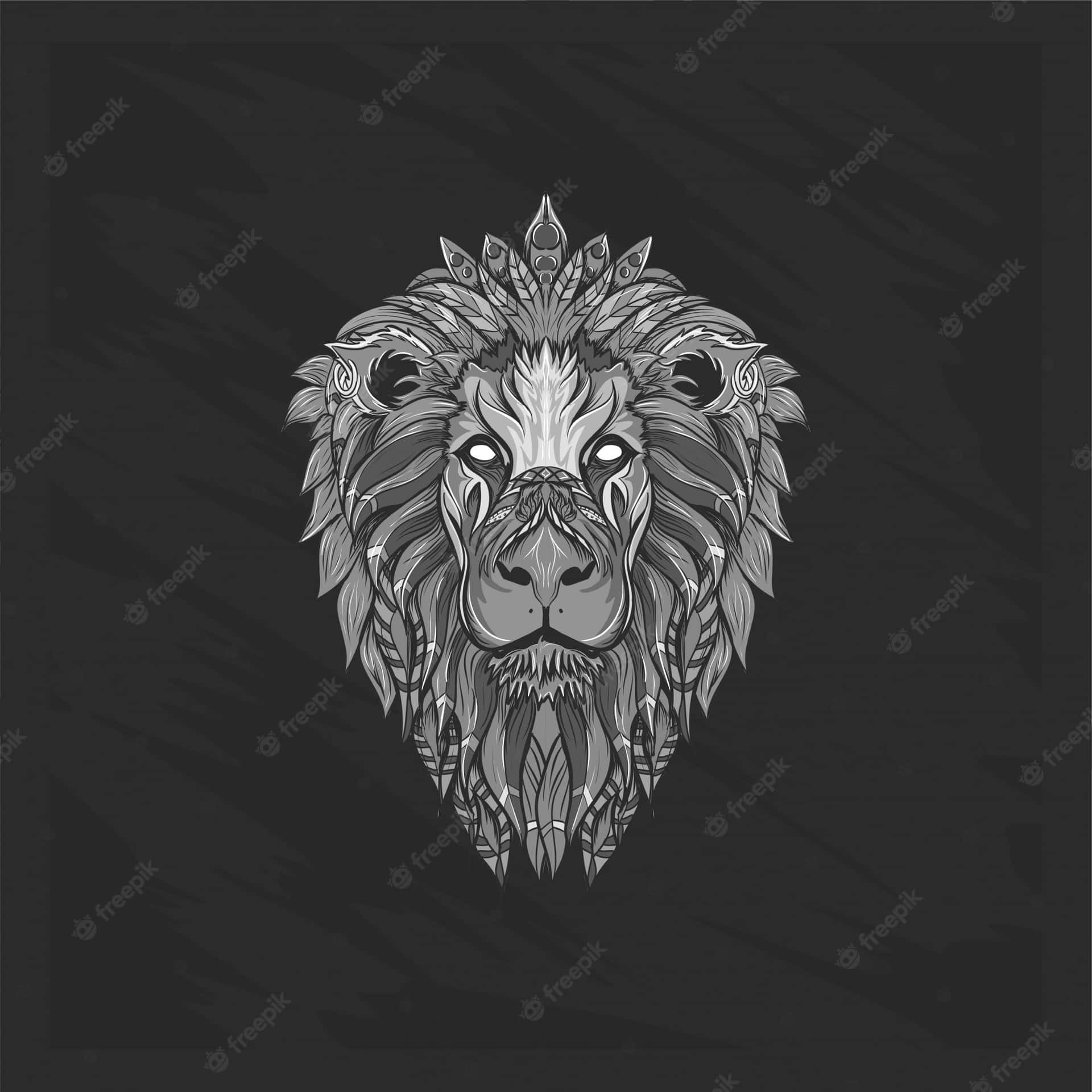 裝飾性獅子頭，帶有部落圖案和皇冠，背景為深色紋理