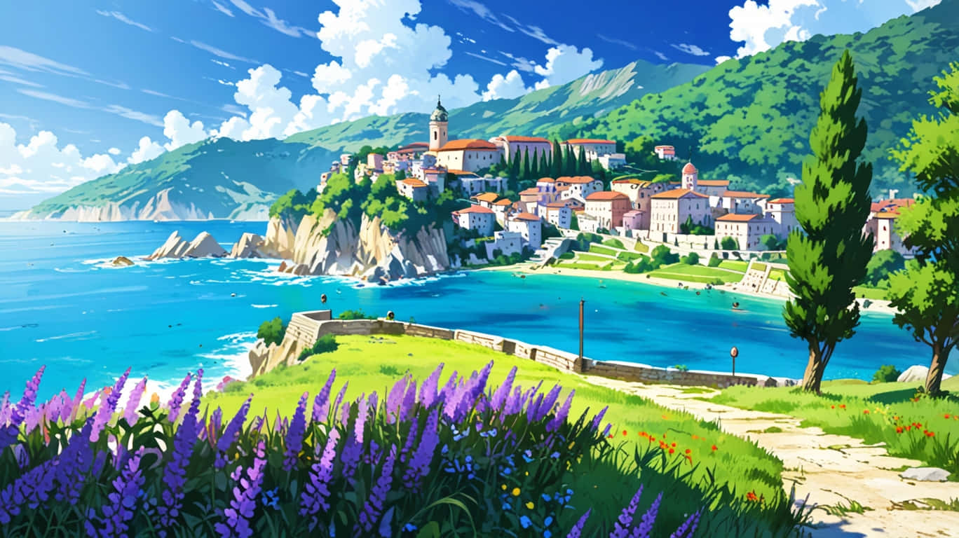 懸崖上的沿海村莊，紫色花朵和碧綠海洋，晴朗天空下