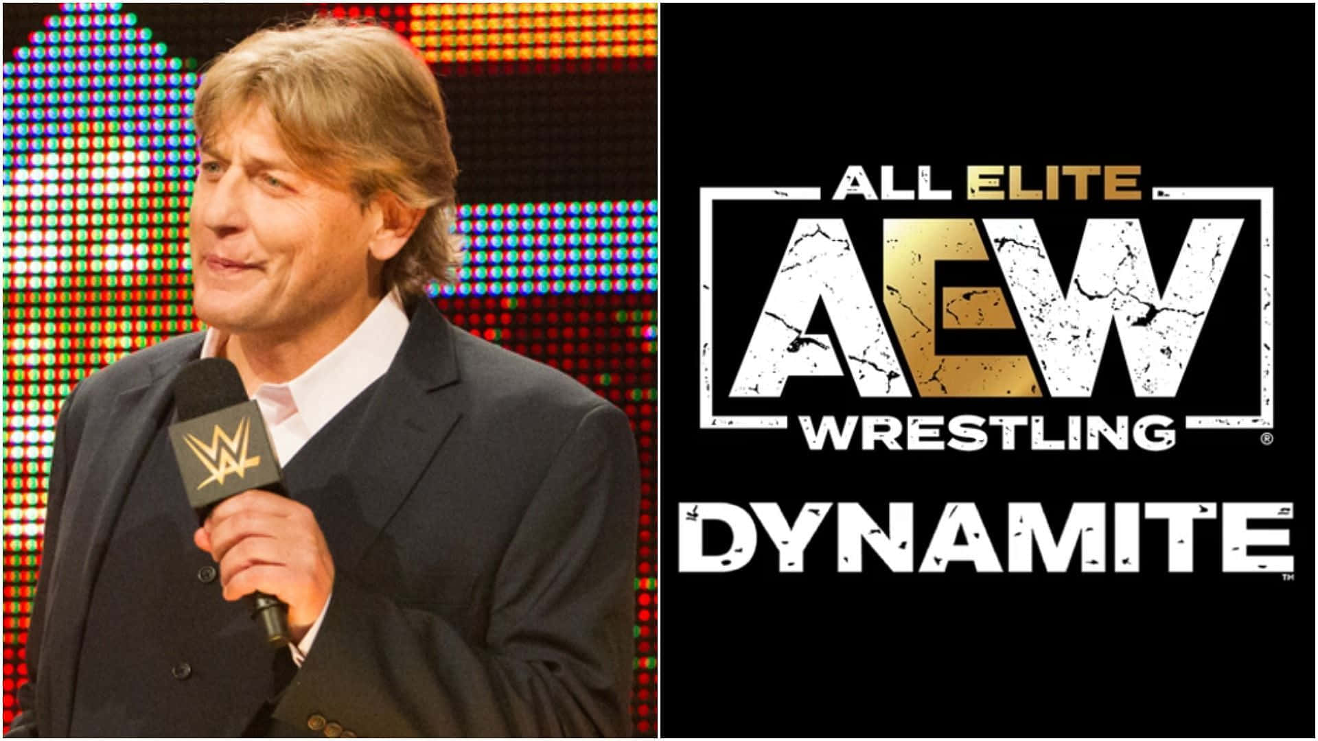 WWE 主持人拿著咪高峰，旁邊是 AEW Dynamite 標誌，黑色背景。