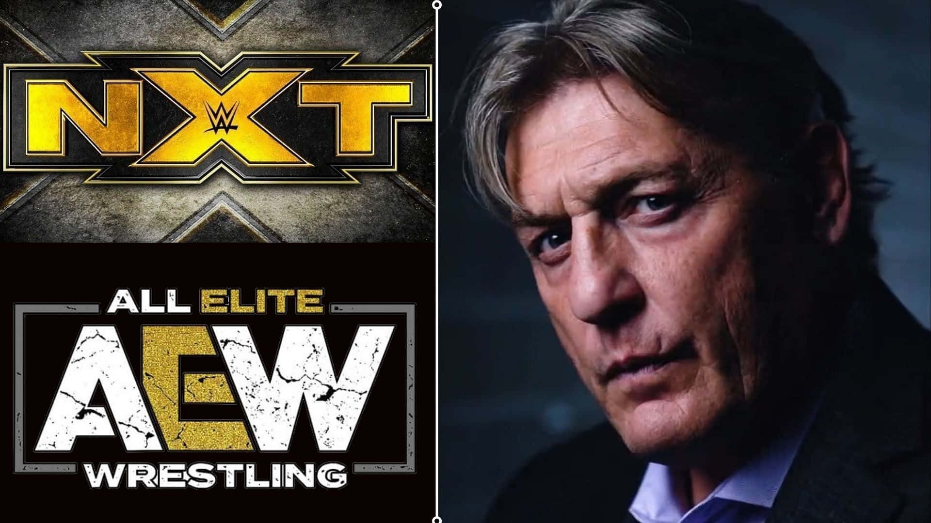 WWE NXT和AEW摔角標誌，搭配一個穿著西裝的嚴肅男人。