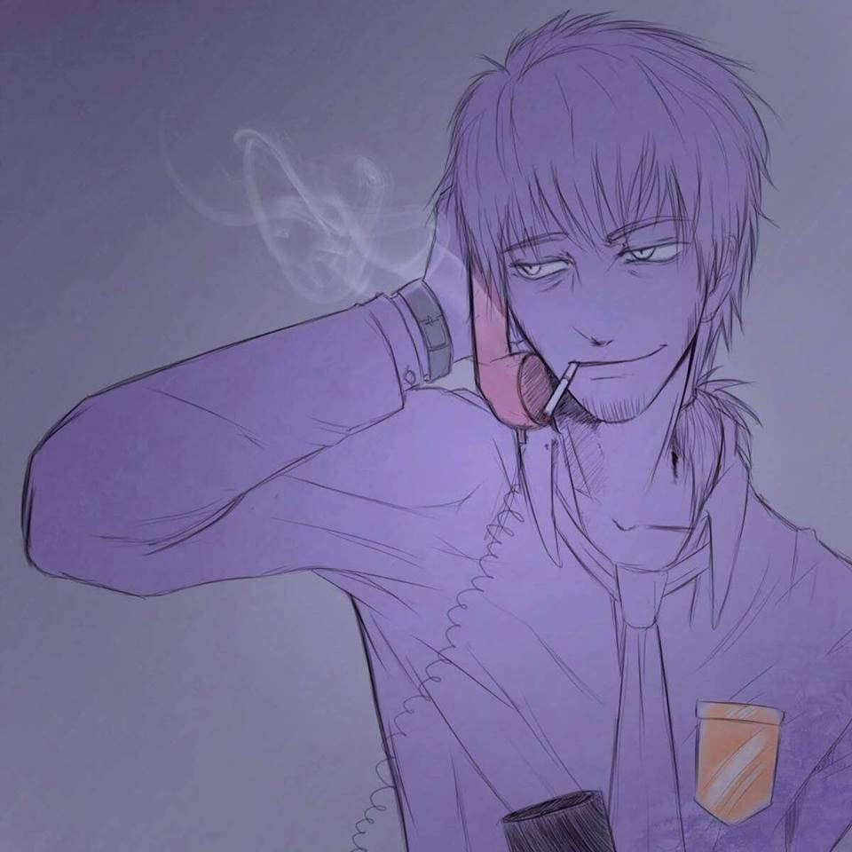 威廉·阿方斯 FNAF 紫色角色 壁紙 — 一個紫色調的動漫男人，懶洋洋地笑著，靠著手抽煙。