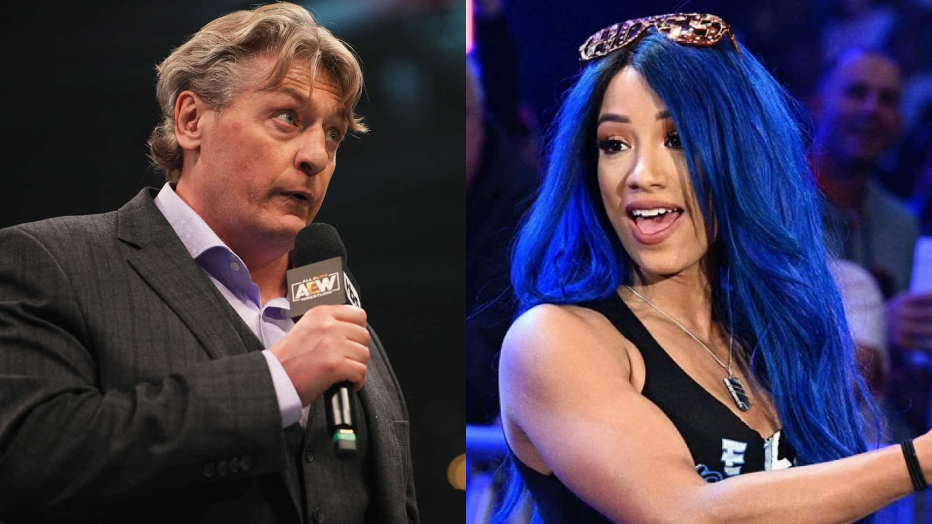 威廉·雷加爾與莎夏·班克斯 WWE 摔角手 壁紙 — 西裝男手持AEW咪高峰，藍髮女頭戴太陽眼鏡的分割畫面。