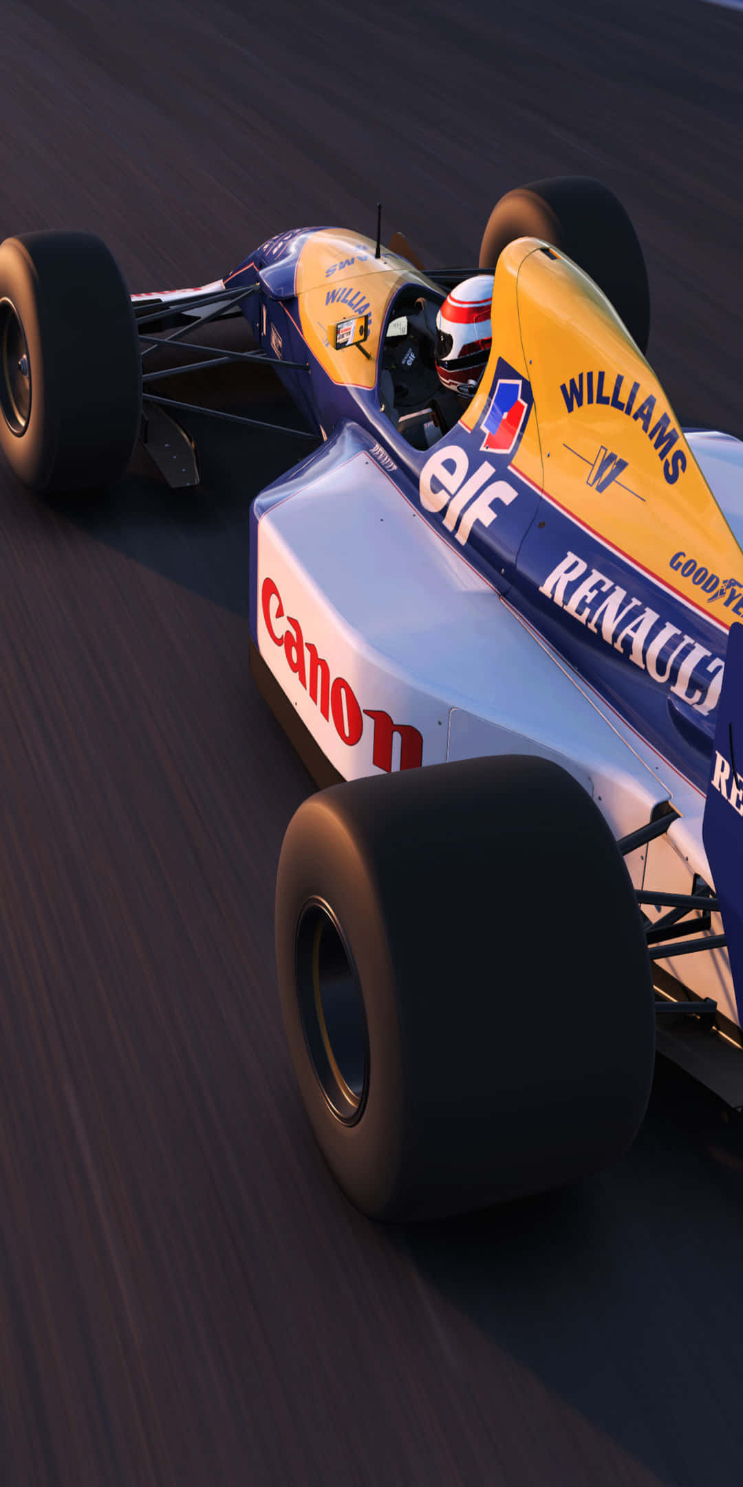 威廉斯 FW14 Pixel 3 2016 F1 背景 壁紙 — 一輛經典威廉士F1賽車在溫暖的金色光線下，在模糊的瀝青賽道上飛馳。