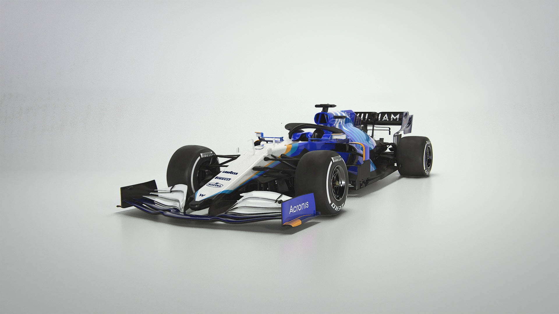 工作室中帶有 Acronis 品牌標誌的藍白一級方程式賽車。